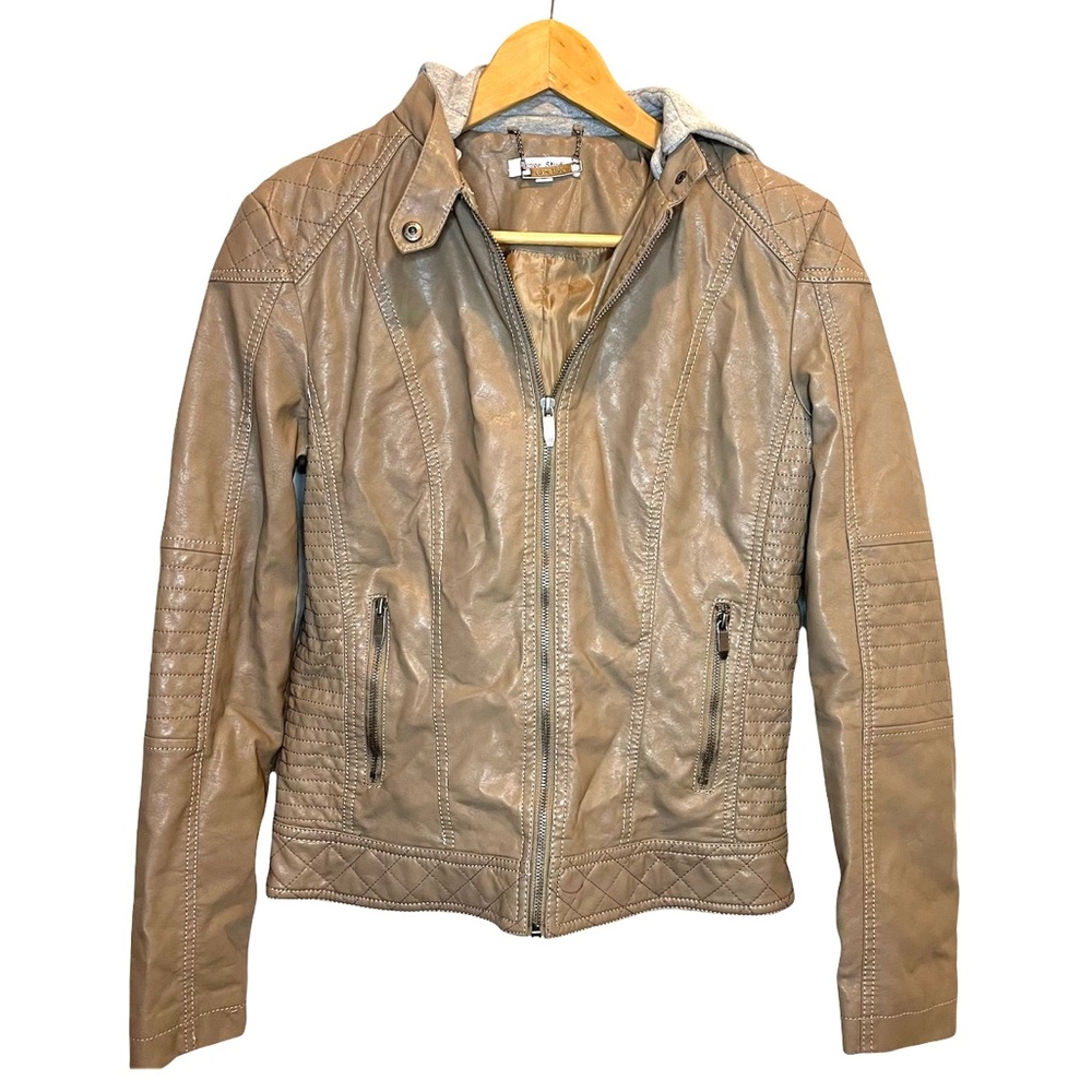LOVE STUDIO Faux Leather Hoodie Jacket Light Brown